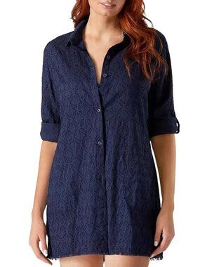 110$ Tommy Bahama Cotton Clip Jacquard Shirt Swim Coverup Dress Size XL Navy
